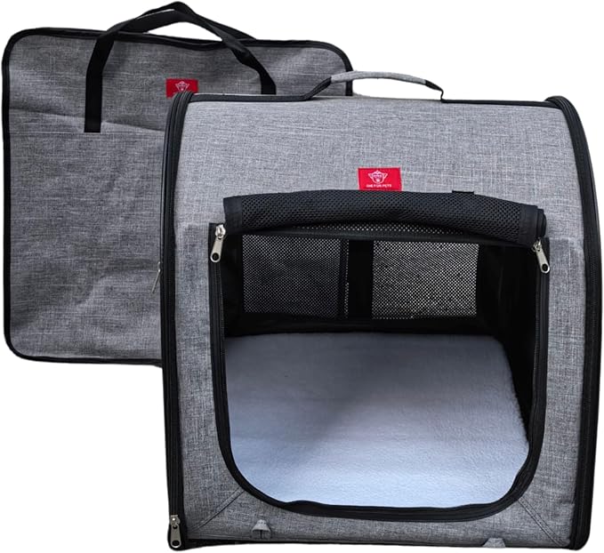 Fabric Portable Pet Kennel/Shelter, Single, Gray, 20"x20"x19.5" - Car Seat-Belt Fixture Included-PurrikoPets