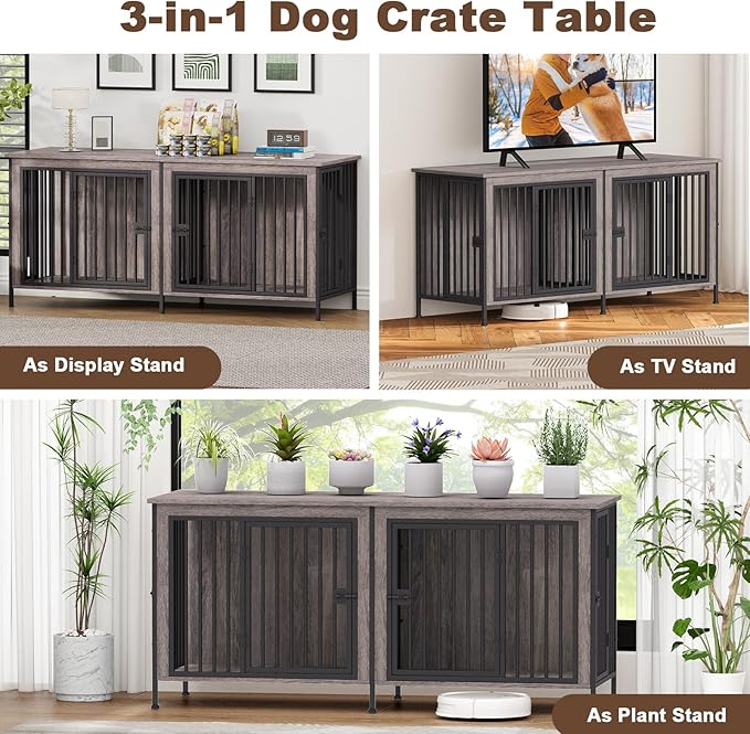 EasyCom 63" Dog Cage Furniture for 2 Pets with Divider, XL Wooden Double Dog Crate Furniture TV Stand for Mideum Breed, Durable and Sturdy-PurrikoPets