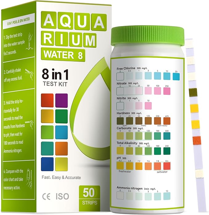 AAwipes 8-in-1 Aquarium Test Kit for Fish Tanks - Quick & Accurate Water Testing Strips for Aquariums & Ponds. Tests pH, Ammonia, Alkalinity, Hardness, Chlorine, etc. (K02-50)-PurrikoPets