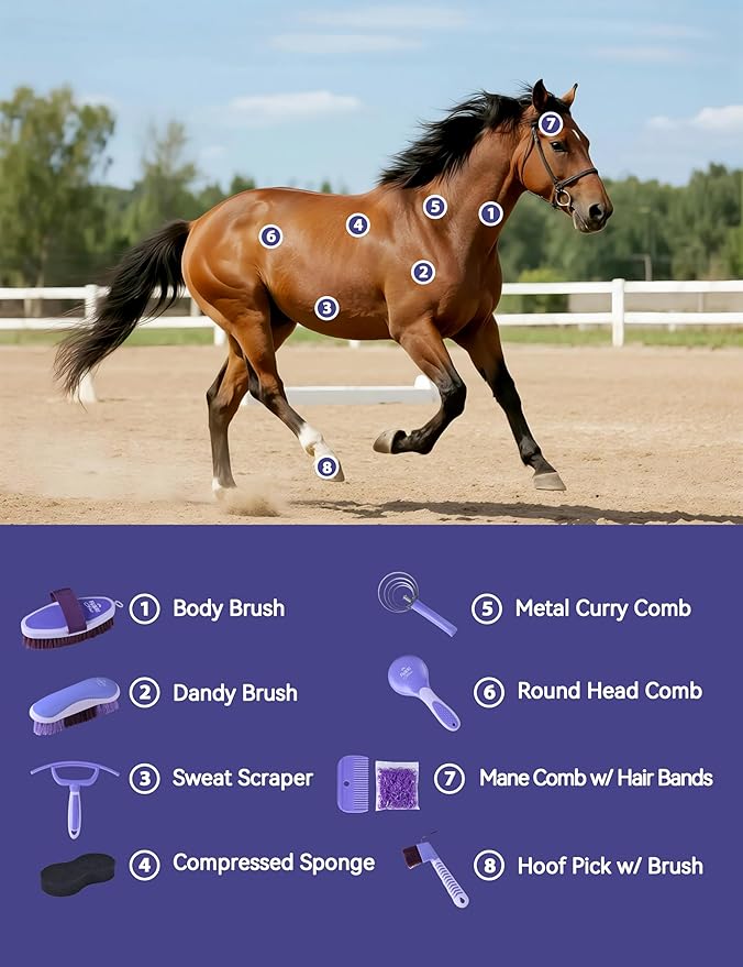 9PCS Horse Grooming Kit Curry Comb Sweat Scraper Horse Bathing Supplies Grooming Tools with Storage Bag Sugar Taro-PurrikoPets