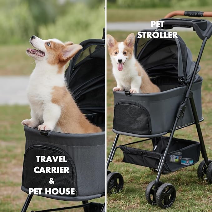 3 in 1 Pet Stroller with Removable Carrier, Folding Stroller for Small/Medium Dogs and Cats, Waterproof, All-Terrain, with Sun Shades, Car Seat-PurrikoPets
