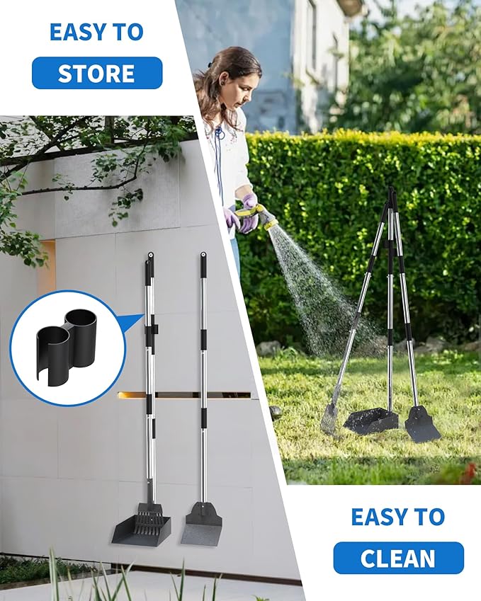 Dog Pooper Scooper Set, Stainless Metal Tray Rake Spade 3 Pack, Long Handle Pet Waste Scooper for Large Medium Small Dogs, Heavy Duty Poop Scooper for Yard, Grass, Dirt or Gravel-PurrikoPets