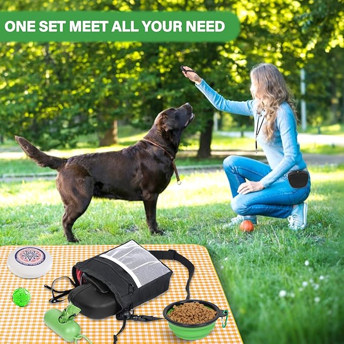 Dog Treat Pouch Pet Training Kit - Silicone Treat Bag Magnetic Closure, Puppy Training Clicker, Dog Whistle, Collapsible Dog Bowls, Poop Bags & Holder, 4 Ways to Wear Walking Fanny Pack-Black-PurrikoPets