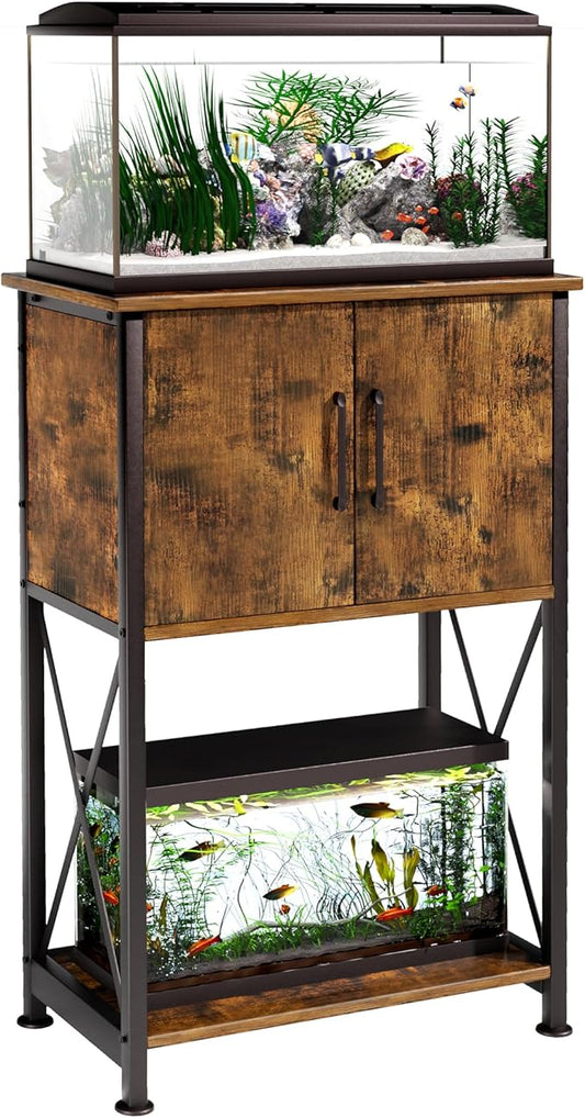 5-10 Gallon Fish Tank Stand, Metal Double Aquarium Stand with Cabinet for Fish Tank Accessories Storage, Heavy Duty 20.5" L* 11.02" W Tabletop, 500LBS Capacity Rustic Brown and Black PG06YGN-PurrikoPets