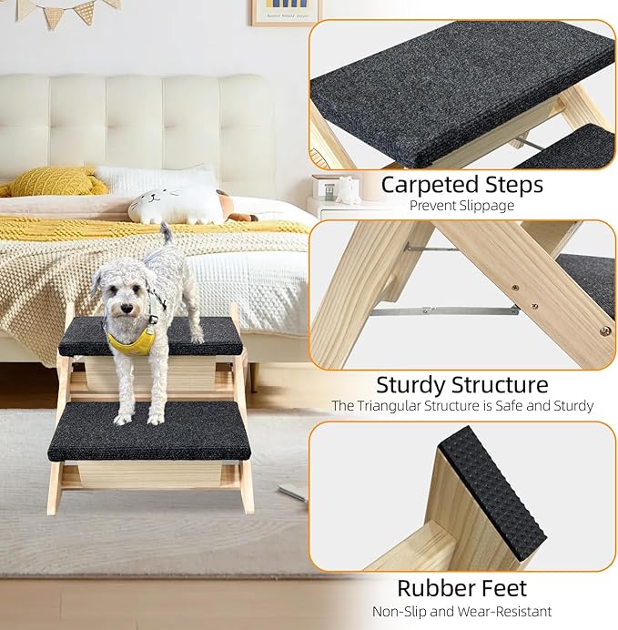 Dog Stairs/Ramp for Bed, Wooden Convertible Pet Steps, Portable Dog Ladder Up to 180 Pound for Elderly/Short-Legged Dogs, 2 Steps for Beds, Couch, Cars-PurrikoPets