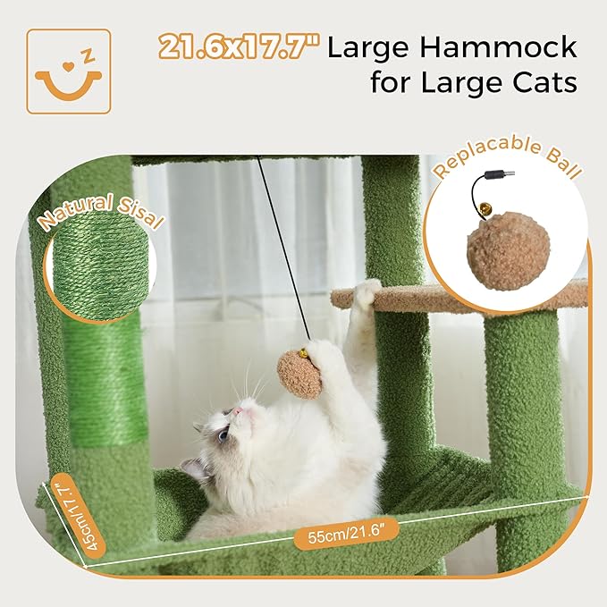72” Cat Tree for Large Cats Big Cat Tower with Enlarged Hammock 21.6x17.7” Spacious Cats Condo House and Roomy Top Bed and Multiple Scratch Posts for Indoor Adult Cats (Green, XLarge-72)-PurrikoPets