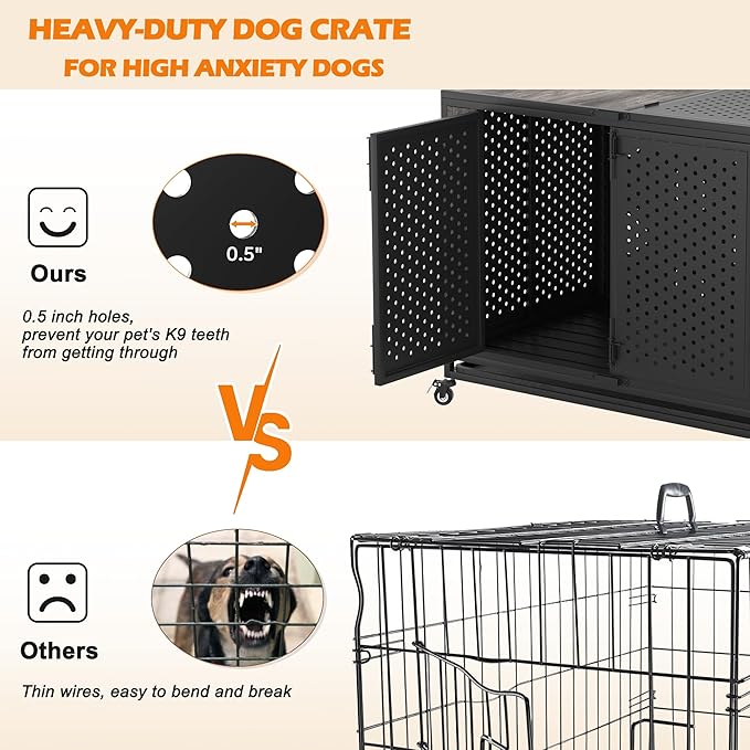42" Heavy Duty Dog Crate Furniture for Medium and Large Dogs, Enclosed Design with 0.5 inch Holes, Indestructible Metal Kennel for High Anxiety Dogs, Chew Proof Indoor Pet House Cage, Gray-PurrikoPets