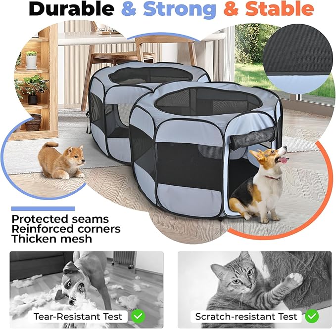 2-in-1 XLarge Pop Up Dog Playpen, Cat Puppy Pet Playpen, Indoor Outdoor Cats Enclosed, Cat Tent Crate Cage Kennel, Portable Playpen for Kitten and Small Animals(No Divider, Unified Space)-PurrikoPets