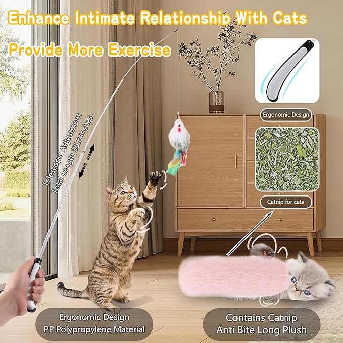 4-in-1 Interactive Cat Feather Toys with Durable Retractable Fishing Pole, Enhanced Suction Cup Toy, Door Hanging Teaser Toy and 11 Attachments Replacements for Bored Indoor Adult Cats-PurrikoPets