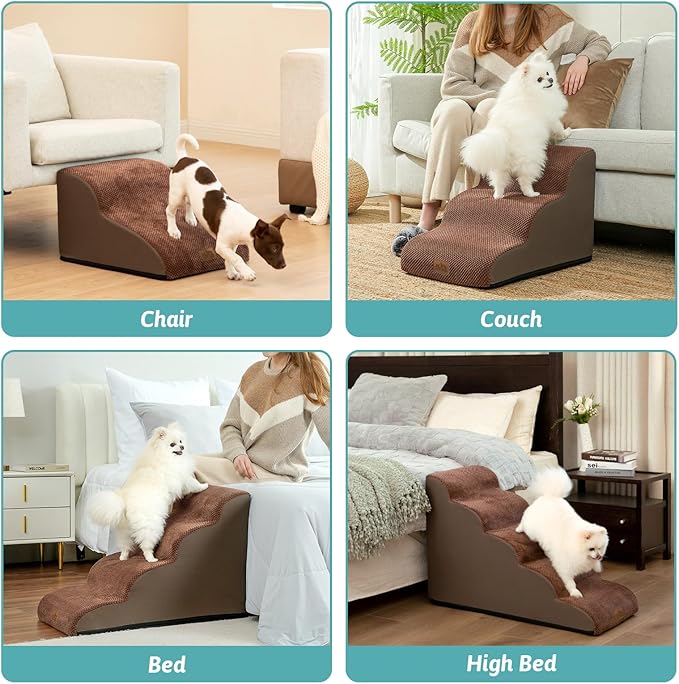 Dog Stairs for Small Dogs 19.7" H, Curved Dog Step for Puppy, Older or Cat, Medium Pet Ramp for Sofa, Couch or Bed, Ladder with High Density Foam, 15.7x28.3x19.7 inch, 4 Step, Brown-PurrikoPets