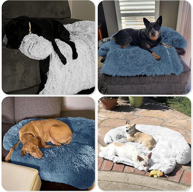 GGIB Calming Dog Bed Fluffy Plush Dog Mat for Furniture Protector with Removable Washable Cover for Large Medium Small Dogs and Cats (Extra Large (53x39.3x6), Navy)-PurrikoPets
