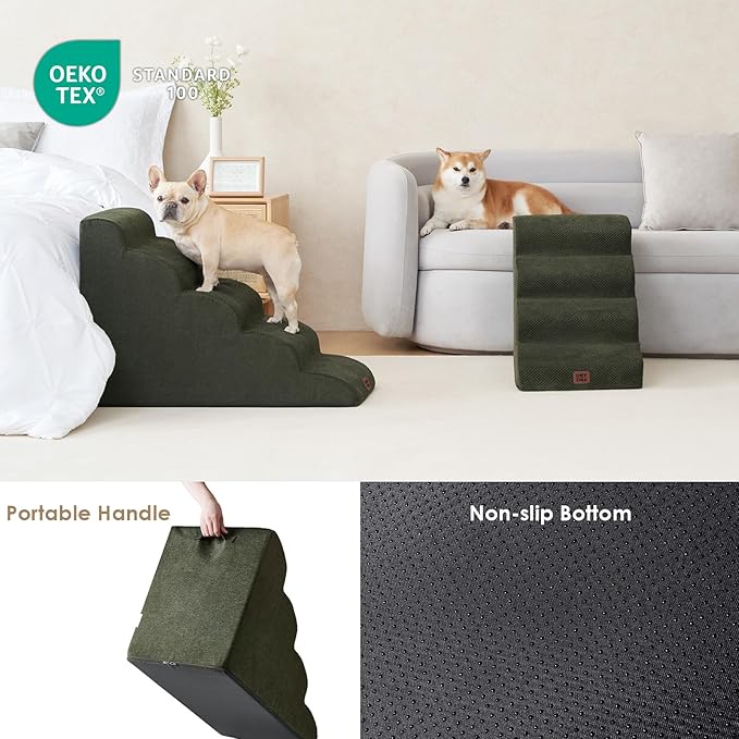 EHEYCIGA Curved Dog Stairs Ramp for High Beds 19.7" H, 4-Step Dog Steps for Small Dogs and Cats, Pet Stairs for High Bed Climbing, Non-Slip Balanced Pet Step Indoor, Olive Green-PurrikoPets