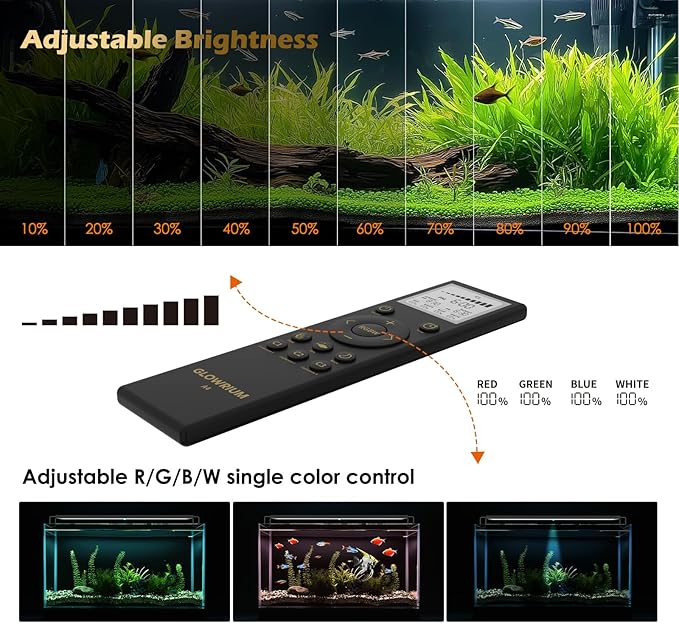 GLOWRIUM LED Aquarium Light with Remote, Full Spectrum Fish Tank Light with Auto Timer, IP67 Waterproof Freshwater Planted Tank Light, Dimmable RGB+W+Moon LEDs with High Performance (18W 24-29inch)-PurrikoPets