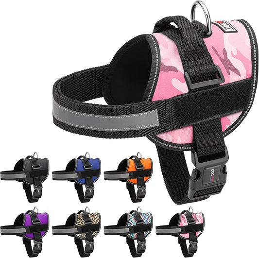Dogline Dog Harness, Reflective No-Pull Adjustable Vest with Handle, Breathable No-Choke Harness for Small, Medium or Large Dogs Room for Patches Girth 18 to 24 in Pink Camo-PurrikoPets
