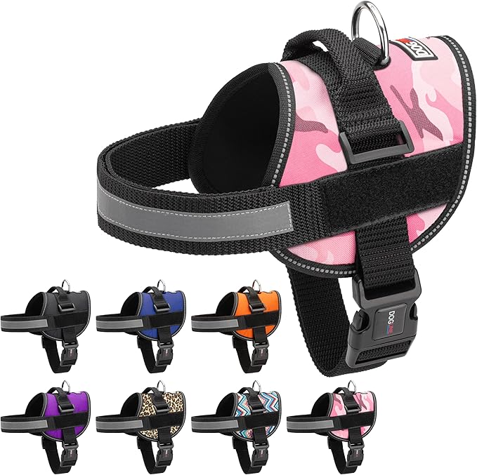 Dogline Dog Harness, Reflective No-Pull Adjustable Vest with Handle for Walking, Training, Breathable, No - Choke Harness for Small, Medium or Large Dogs Room for Patches Girth 33"-46" in Pink Camo-PurrikoPets