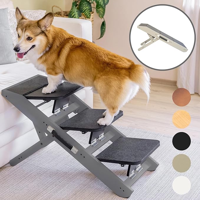 Dog Steps for Bed & Couch 2-in-1 Dog Stairs/Ramp - Height Adjustable Dog Ramp for Couch 7” - 20” - Pet Stairs, Dog Stairs for Small Dogs - Easy to Move Pet Steps with Landing Platform, Gray-PurrikoPets