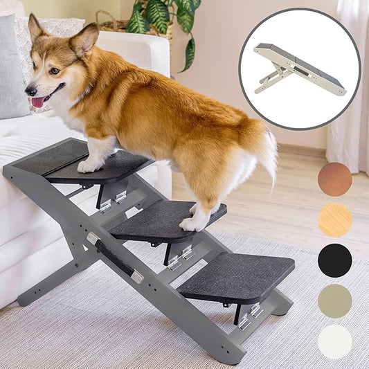 Dog Steps for Bed & Couch 2-in-1 Dog Stairs/Ramp - Height Adjustable Dog Ramp for Couch 7” - 20” - Pet Stairs, Dog Stairs for Small Dogs - Easy to Move Pet Steps with Landing Platform, Gray-PurrikoPets