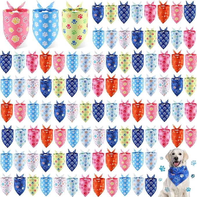 100 Pieces Paw Print Dog Bandanas Bulk Paw Bandanas for Dogs Soft Bibs Adjustable Triangle Doggie Scarves for Small Medium Large Pets Party Costume-PurrikoPets
