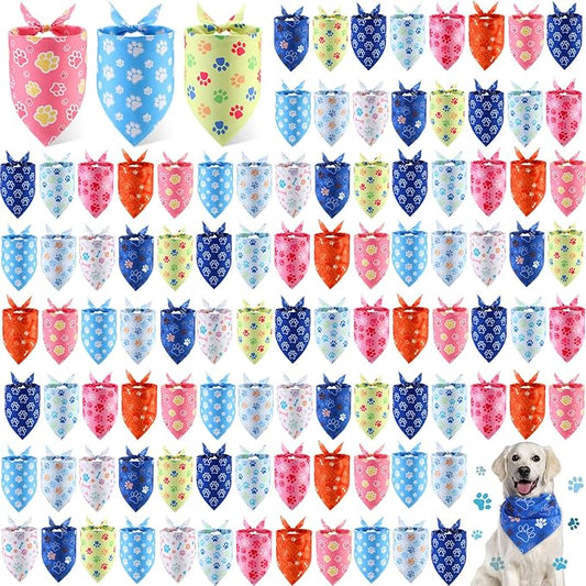 100 Pieces Paw Print Dog Bandanas Bulk Paw Bandanas for Dogs Soft Bibs Adjustable Triangle Doggie Scarves for Small Medium Large Pets Party Costume-PurrikoPets
