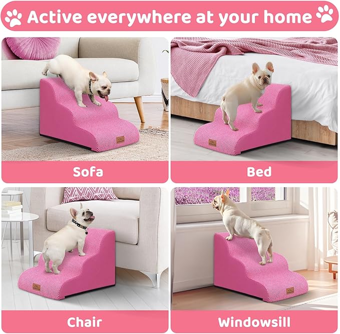 Dog Ramp and Stair for Bed 16" H-20 H,3-Step Cat Stair for Sofa and Chair,4-Step Dog Ramp for High Bed and Window,Durable Nonslip Fabric Cover for Indoor (Pink-16 H, Pet Friendly, 3)-PurrikoPets