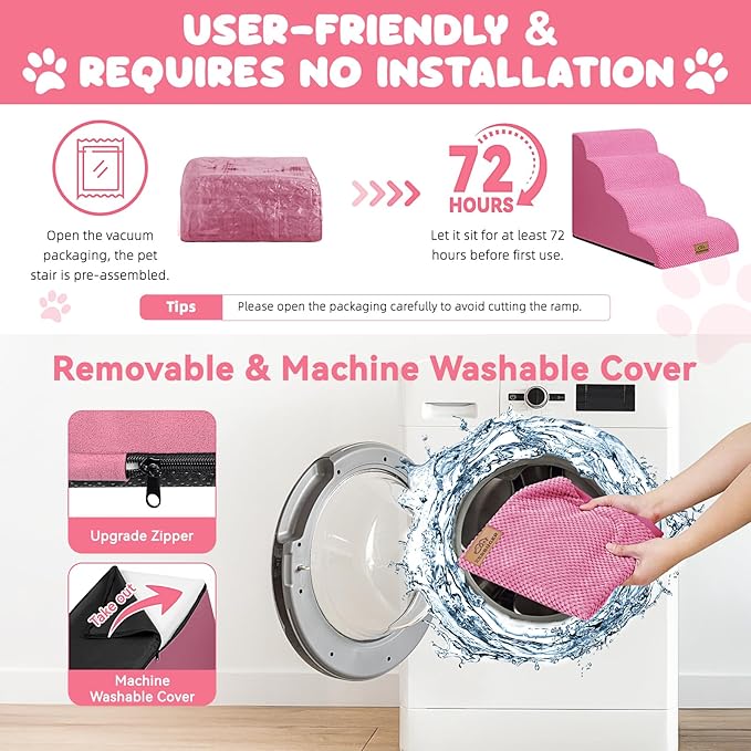 Dog Ramp and Stair for Bed 16" H-20 H,3-Step Cat Stair for Sofa and Chair,4-Step Dog Ramp for High Bed and Window,Durable Nonslip Fabric Cover for Indoor (Pink-20 H, Pet Friendly, 4)-PurrikoPets