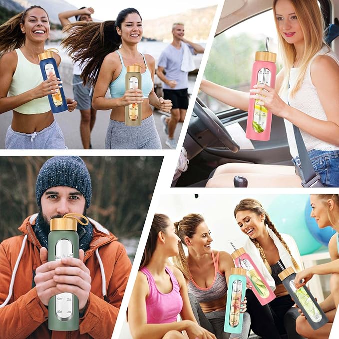 32 oz Glass Water Bottle with Straw - Motivational Time Marker & Silicone Sleeve - Reusable Tumbler Includes 2 Bamboo Lids & Fruit Infuser - 1 Pack-PurrikoPets