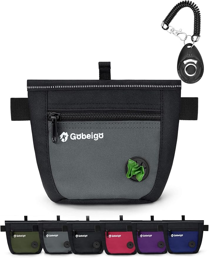 Gobeigo Dog Treat Pouch and Training Clicker, Upgrade Two Magnetic Closure to Prevent Spills, 2 Cup Treat Bag with Poop Bag Dispenser, Metal Clip Waist Belt Fanny Pack for Pet Walking (Black/Gray)-PurrikoPets