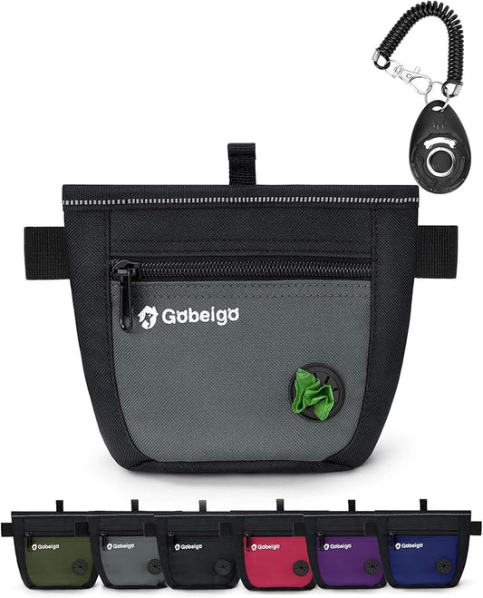 Gobeigo Dog Treat Pouch and Training Clicker, Upgrade Two Magnetic Closure to Prevent Spills, 2 Cup Treat Bag with Poop Bag Dispenser, Metal Clip Waist Belt Fanny Pack for Pet Walking (Black/Gray)-PurrikoPets