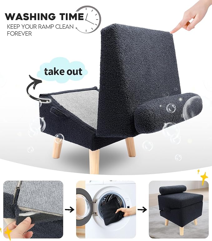 Dog Stairs for Small Dogs and Cats – 2-in-1 Dog Ramp for Bed and Couch, 16.5'' Foldable Wooden Pet Steps, Sturdy Multi-Use Split Ottoman Design, Dark Blue-PurrikoPets