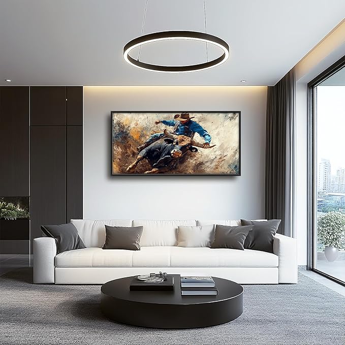 Framed Large Western Cowboy Wall Art, Oversized Rustic Cow Wall Decor for Living Room, Dusty Canvas Painting Pictures Vintage Artwork Home Decoration for Living Room Bedroom Office 60"x30"-PurrikoPets