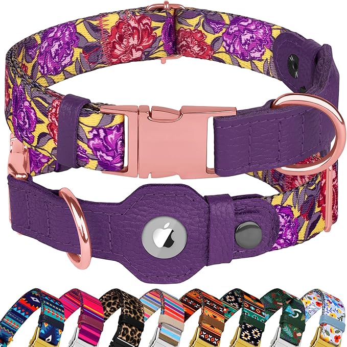 AirTag Dog Collar for Small Medium Large Breed - Adjustable Cute Pattern Dog Collar with Airtag Holder - Soft Leather Tracker GPS Apple Air Tag Pet Collars (Small, 12"-15" Neck Fit, Peonies)-PurrikoPets