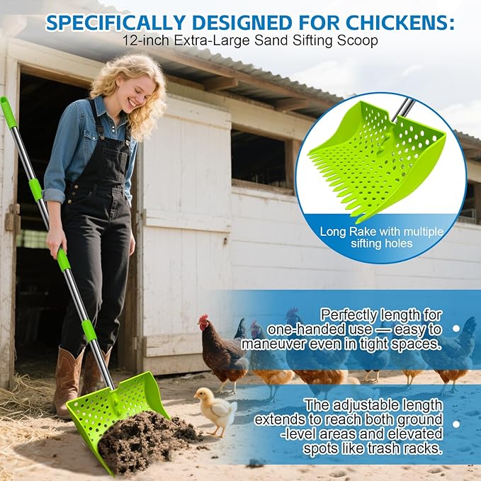 12-Inch 2-in-1 Chicken Poop Scooper & Rake – US Patent Pending – 3-Shape Sifting Holes Chicken Coop Rake，Stainless Steel Handle （20–61"）– Litter Scoop Sand & Sifting Shovel for Chicken Coops(Green)-PurrikoPets