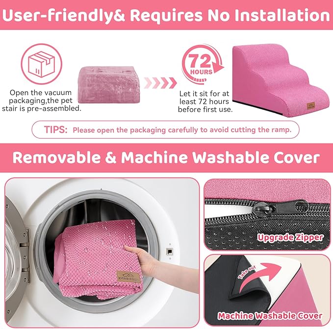 Dog Ramp and Stair for Bed 16" H-20 H,3-Step Cat Stair for Sofa and Chair,4-Step Dog Ramp for High Bed and Window,Durable Nonslip Fabric Cover for Indoor (Pink-16 H, Pet Friendly, 3)-PurrikoPets