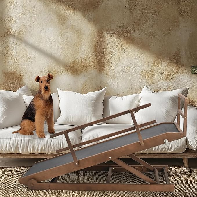 Dog Ramp for Bed, 5 Level Adjustable Dog Ramp for High Beds, Upgrade Rubber Mat High Traction Ramp with Safety Rails, Folding Pet Ramp for Bed, Couch,SUV, Natural Wood Pet Ramp for Small & Old Dogs-PurrikoPets