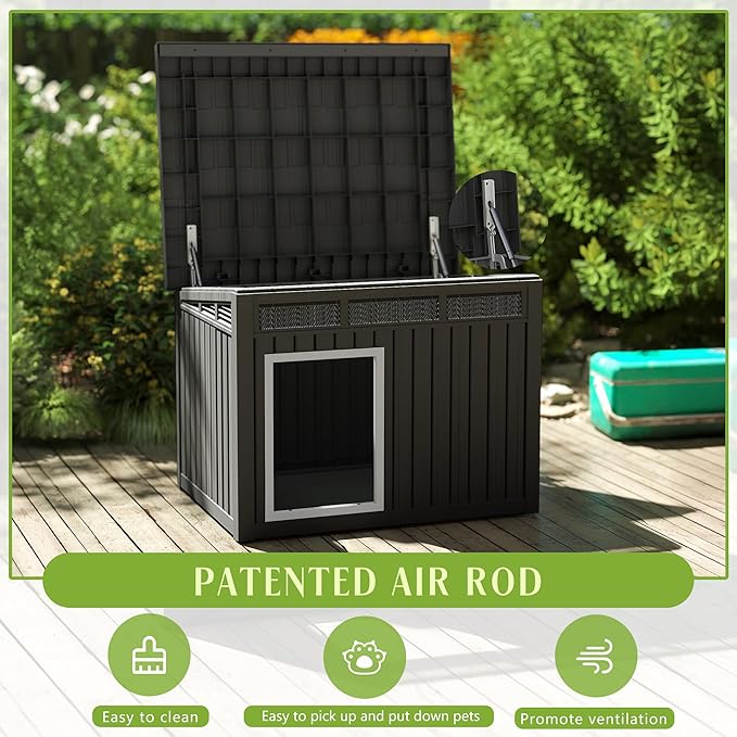 Dog House Indoor Outdoor,Resin Waterproof Puppy Shelter with Air Vents and Elevated Floor,Air Rod on Top to Open,Dog Kennel for Small to Large Dogs(Black,42.87 * 32.95 * 31.61)-PurrikoPets