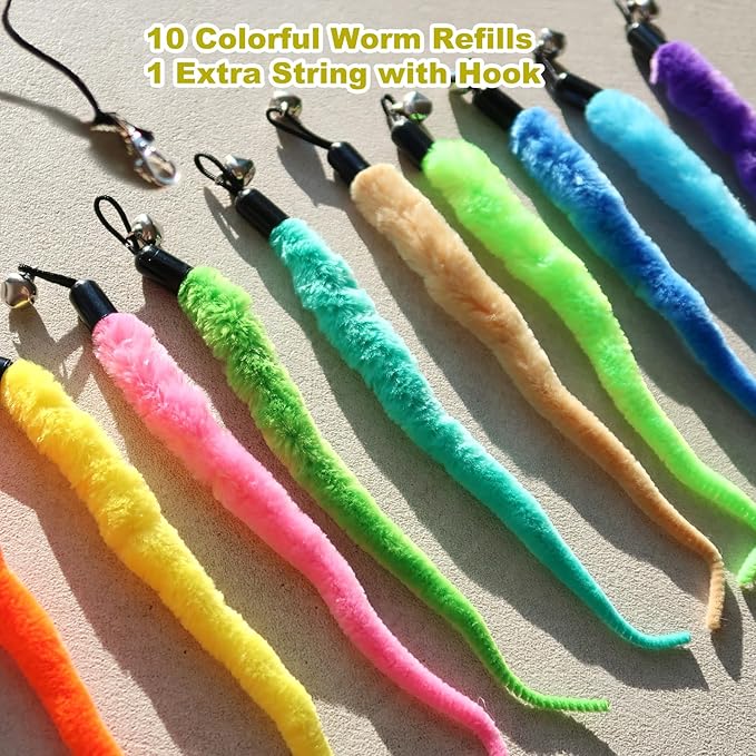 10PCS Cat Worm Toy for Cats, Cat Wand Toy Accessories, Cat Feather Toy Attachments Replacements, and 1PC Black String for Cat Fishing Pole Toy, Assorted Worm Cat Toy Teaser for Indoor Cats Kitten-PurrikoPets