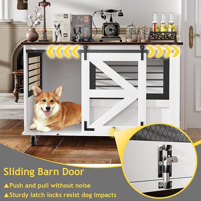 47 inch XL Dog Crate Furniture with Top-Access Teasing/Feeding Doors, Farmhouse Wooden Decorative Dog Crates with Wheels, Chew-Resistant Dog Crates End Table for Medium&Large Dogs, White-PurrikoPets