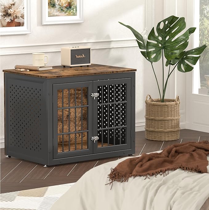32" Heavy Duty Dog Crate Furniture for Small and Medium Dogs, Metal Kennel for High Anxiety Dogs, Chew Proof Pet Cage Indoor, Decorative Dog Kennel End Table-PurrikoPets