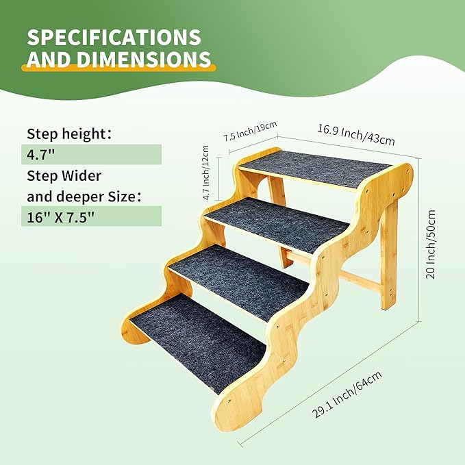Dog Stairs for Large/Oldder Dogs,4 Steps Bamboo Wooden Pet Ramp for High Beds, Cars & Couch Sofa - Supports Dog Up to 160 LB,20-inches High-PurrikoPets