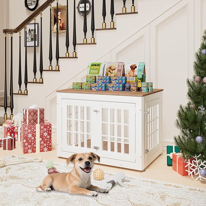 32" Heavy Duty Dog Crate Furniture for Small,Medium and Large Dogs,Rustic Wooden Dog Cage Kennel Indoor Furniture with Waterproof Top,Decorative Pet House Side End Table (White & Wood)-PurrikoPets