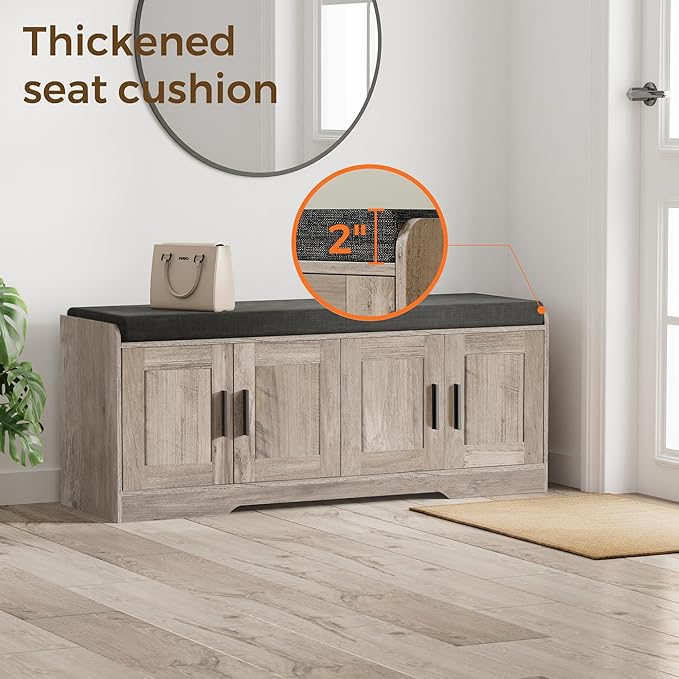 2-Tier Storage Bench, Shoe Bench with Thickened Padded Seat Cushion, Entryway Bench with 4 Doors, Adjustable Shelf, 13.8" D x 45.3" W x 18.5" H, for Entryway, Living Room, Bedroom, Greige-PurrikoPets