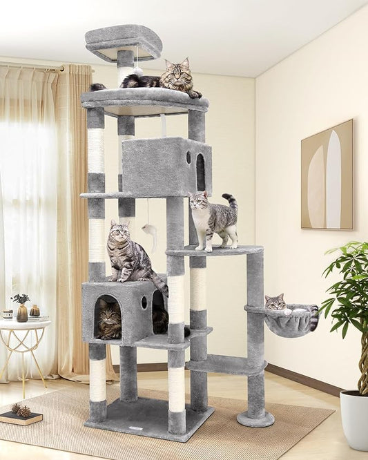Globlazer Giant Cat Tree, 83 inch Cat Tree for Indoor Cats Large Adult, XXL Cat Tower with 9 Scratching Posts for 20lb+ Heavy Duty Large Adult Cats, F83, Light Grey-PurrikoPets