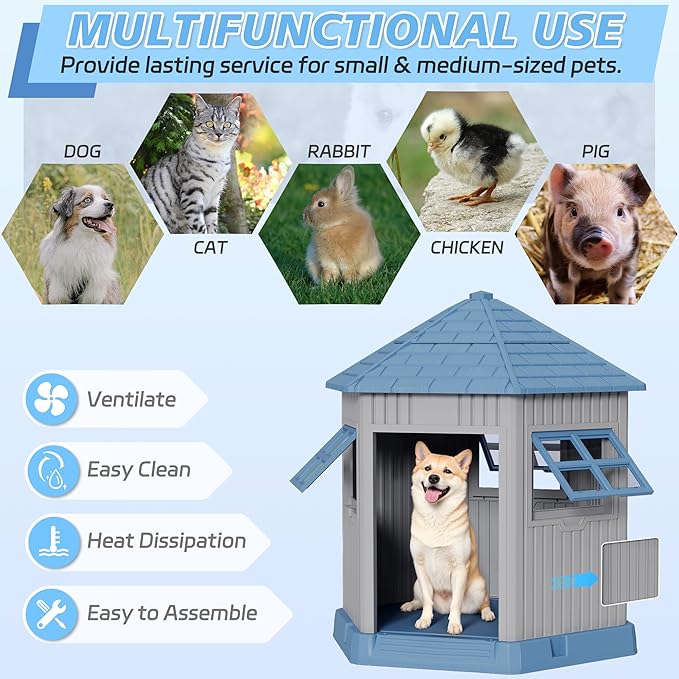 Durable Dog House Indoor Outdoor for Small Medium Dogs, Weatherproof Puppy Shelter with Elevated Floor & Air Vents, Easy Clean and Assemble (Blue, 36.61L*29.5W*37.4H)-PurrikoPets