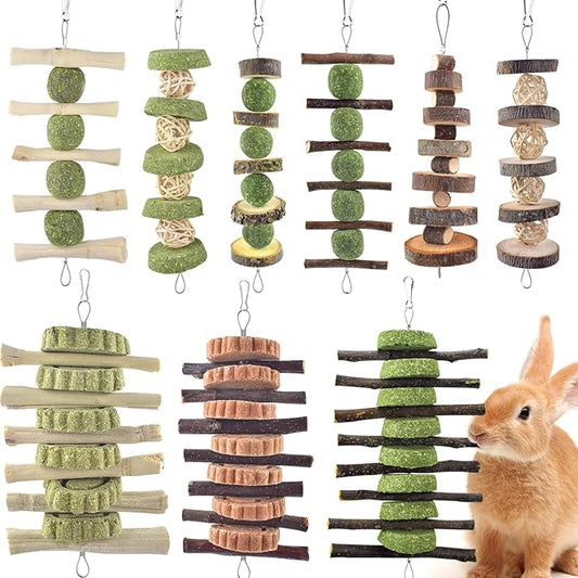 ERKOON Bunny Chew Toys, Rabbit Chew Toys for Teeth Grinding, Improve Dental Health, 100% Natural Apple Wood Timothy Grass Cake Treats for Rabbits Guinea Pigs Chinchillas Bunnies Hamsters (9 Pcs)-PurrikoPets