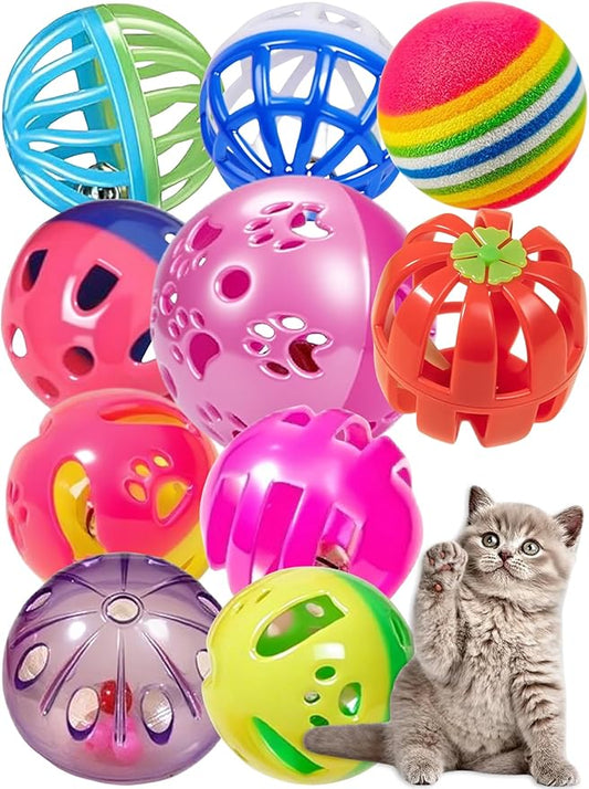 10-Pack Colorful Cat Toy Balls with Bells for Indoor Cats and Kittens (1.5'' - 2.3'', Cat Toys Mega Set)-PurrikoPets