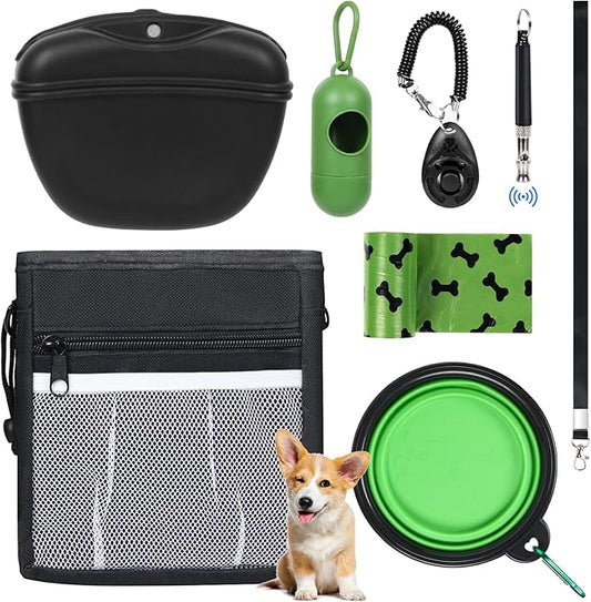 Dog Treat Pouch Pet Training Kit - Silicone Treat Bag Magnetic Closure, Puppy Training Clicker, Dog Whistle, Collapsible Dog Bowls, Poop Bags & Holder, 4 Ways to Wear Walking Fanny Pack-Black-PurrikoPets