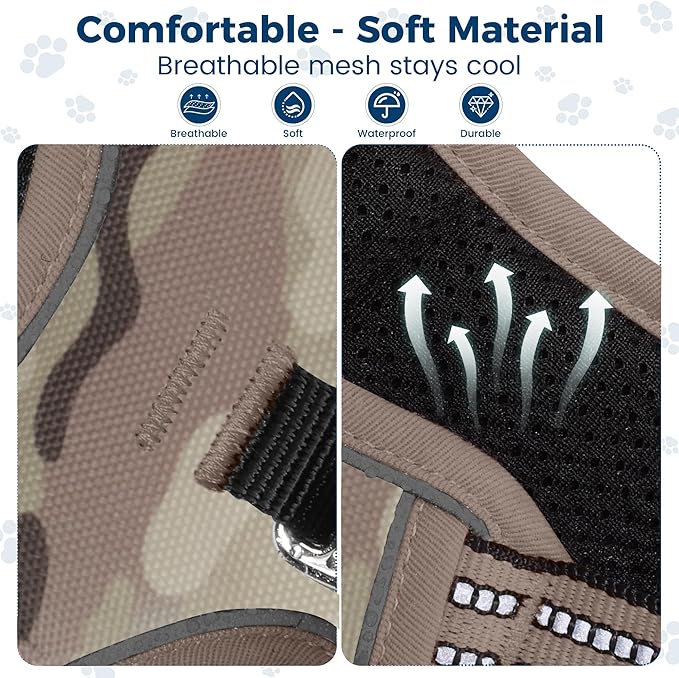 Funfox Dog Harness No Pull, Adjustable Pet Vest Harness, Super Soft Material with Vertical Handle Easy Control, Reflective Night Walking, 2 Leash Clips for Large Dogs, Camo Brown, L-PurrikoPets