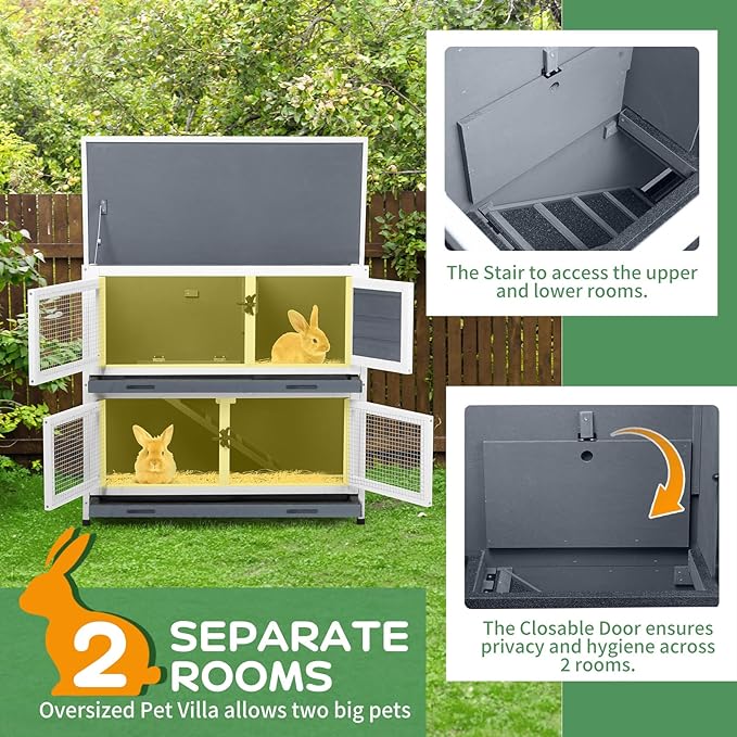 2 Story Solid Wood Rabbit/Bunny Hutch with 2 Large Main Rooms, Indoor Outdoor Rabbit House Guinea Pig Cage Pet House for Small Animals with Ventilation Door Removable Tray Waterproof Roof (Grey)-PurrikoPets