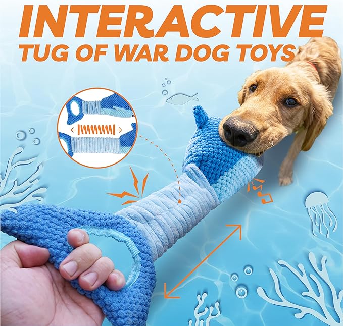 Dog Toys for Large Dogs, Squeaky Dog Toys for Aggressive Chewers, Plush Dog Chew Toys for Teething, Interactive Shark Dog Toys to Keep Them Busy Tug Of War Puppy Toys for Small,Medium,Large Breeds-PurrikoPets