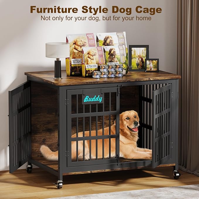 EasyCom 42"/41"/33" Dog Crate Furniture with Name Tag, XL Heavy Duty Dog Kennel Indoor for Large and Medium Dogs, Double-Doors Sturdy Dog Cage for Anxiety Dog, Decorate House as TV Stand-PurrikoPets
